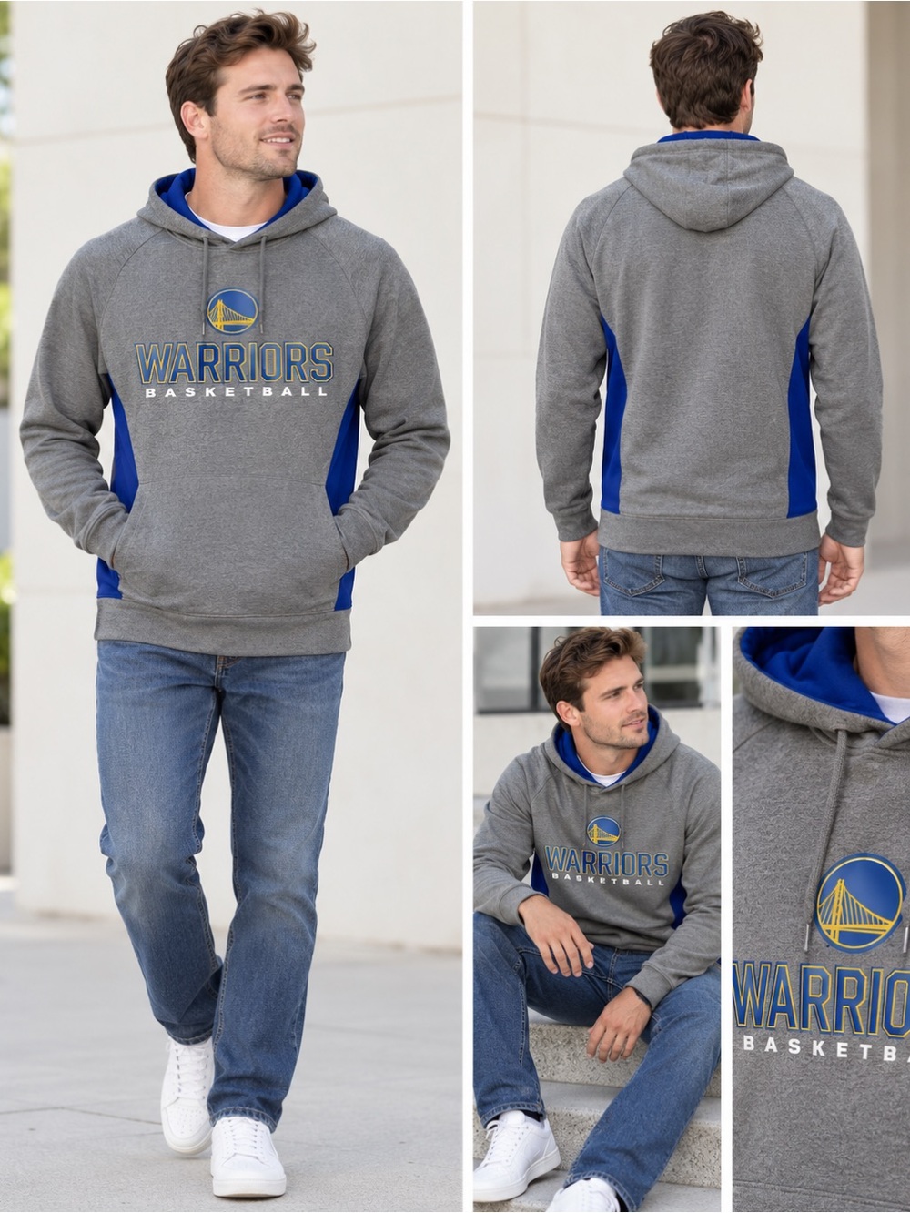 NBA Golden State Warriors Gray and Blue Crewneck Hoodie - Large